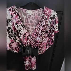 NWOT New Mode USA Flutter Sleeve Burgundy Silver Leopard Tie Dye Shirt Top Small